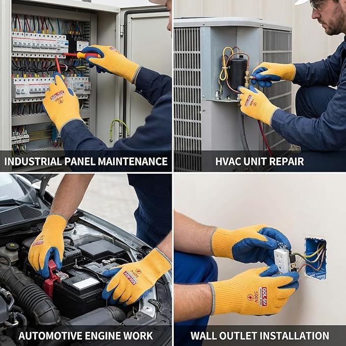 Electrical Insulated Gloves, 500V High Voltage Resistance Electrician Safety Gloves, Rubber Non Slip Work Gloves (500V|Poly-Cotton Insulated, Large)