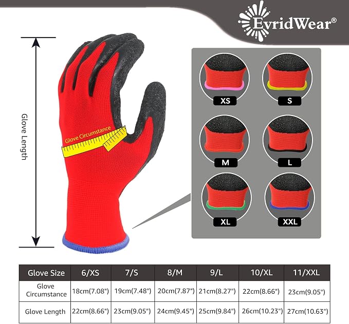 Evridwear Crinkle Latex Rubber Hand Coated Safety Work Gloves for Men Women General Multi Use Construction Warehouse Gardening Assembly Landscaping,Red Small 12 Pairs Pack