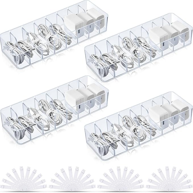 Tatuo 4 Pcs Cable Organizer with 40 Wire Ties, Plastic Cord Storage Charger Box Electronics Organizer with Adjustment Compartments Cable Storage for Drawer Home Office Desk Accessories (Clear)
