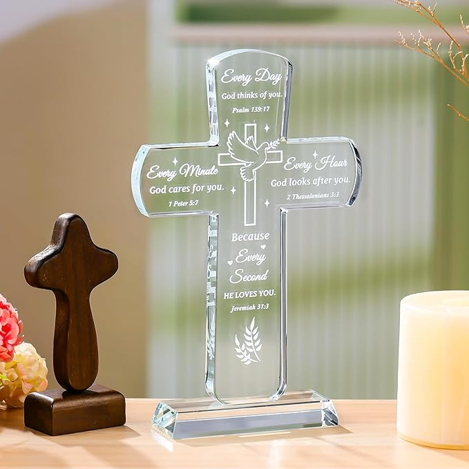 Movdyka Christian Inspirational Gifts for Women, Crystal Cross Bible Verse Plaque Decor, Religious Faith Spiritual Prayers Encouragement Gift for Woman Men Mom Daughter Friends