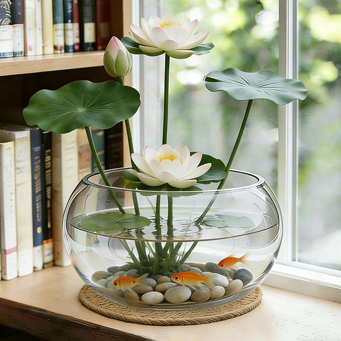 10" Large Glass Lotus Bowl Planter with Rattan Mat Round Clear Glass Water Lily Flower Pot Indoor Hydroponic Aquatic Plant Bonsai Vase Can As a Fish Tank