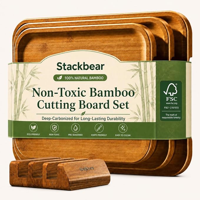 FSC-Certified Deep-Carbonized Bamboo Cutting Board for Kitchen with Wood Stand