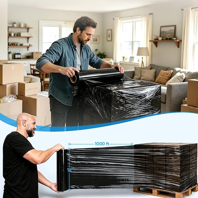 TICONN 4Pk Stretch Wrap Stretch Film Roll, 1000ft Industrial Strength 18 inch Wide Black Plastic Wrap for Pallet Wrapping Shipping Moving (No Handle)