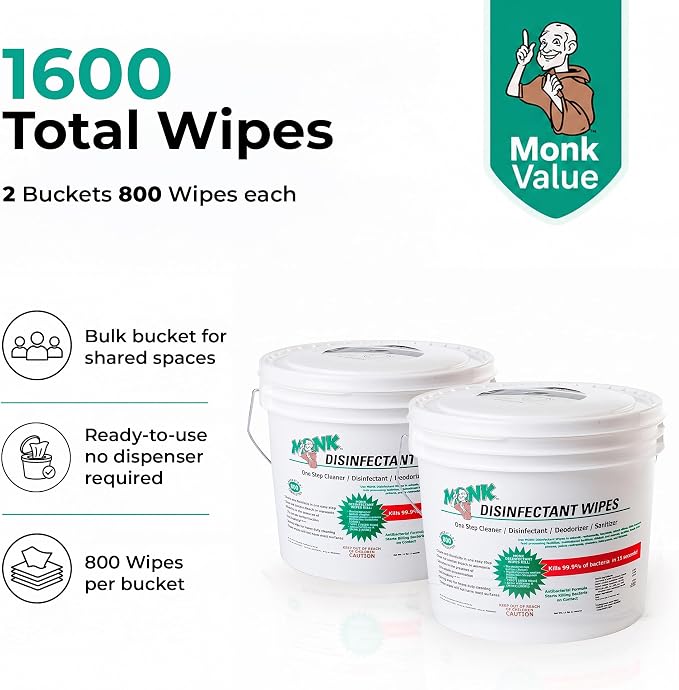 Monk Disinfecting Wipes (2 Buckets of 800 Count) for Commercial Facilities | Heavy Duty Cleaning Wipes - 3in1 Disinfectant, Deodorizer & Sanitizer Cleaning Supplies – All Purpose Cleaner for Home & Gym