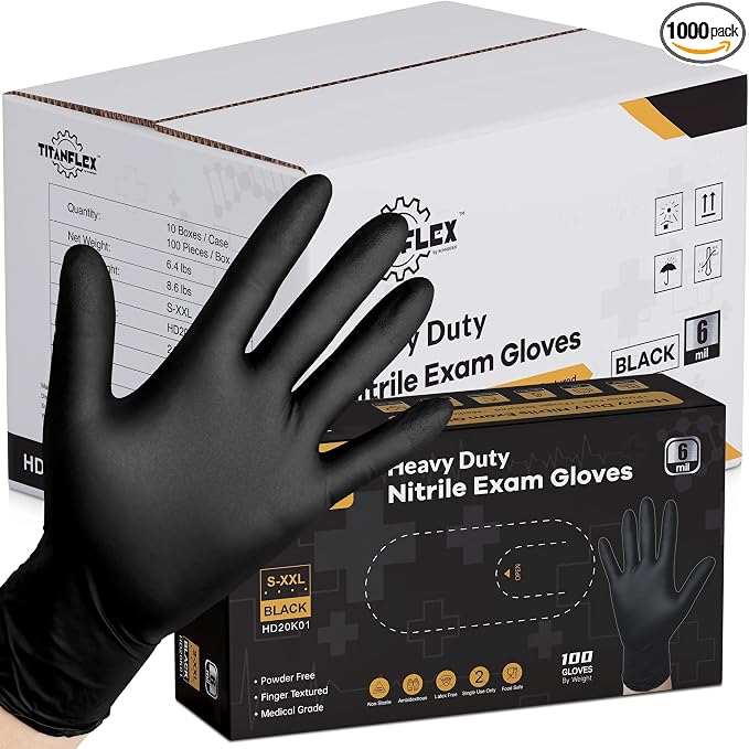TitanFlex Disposable Nitrile Exam Gloves - 6-mil, Black, XL 1000-ct Box, Heavy Duty, Latex Free, Food Safe for Cooking & Food Prep