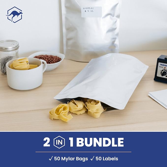Wallaby 50 Count 2-Quart Gusset Mylar Bags with Labels, 14 Mil Total Thickness Long-Term Food Storage Pouches, 12x8 Stand-Up Zipper Heat-Sealable Airtight Packaging - Silver