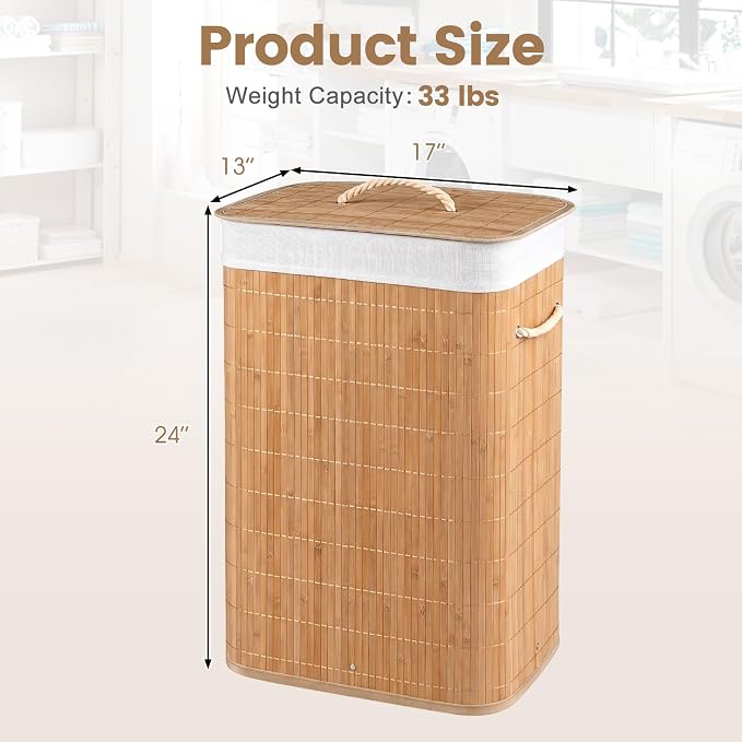 Giantex Bamboo Laundry Hamper with Lid, Removable Liner & Portable Handles | 19 Gal Large Capacity Clothes Hamper, Rectangular Laundry Basket for Bedroom Bathroom Laundry Room