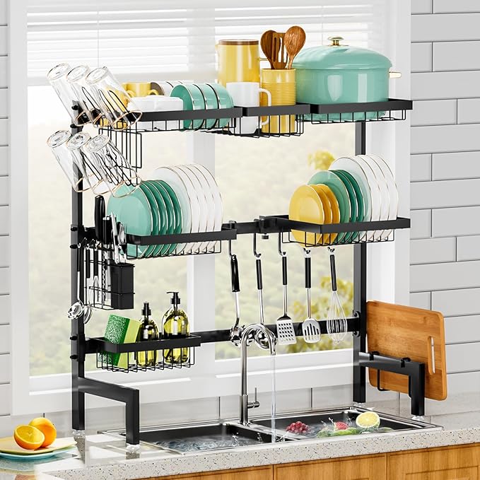 Over The Sink Dish Drying Rack,Expandable Length 3-Tier Large Stainless Steel Over The Sink Dish Rack with 6 Baskets, Utensil Holder Dish Drainers for Kitchen Counter | Stainless Steel, with 6 Baskets & Utensil Holder, for Kitchen Counter, Black