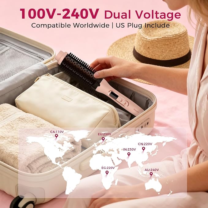 Infrared Thermal Brush, Dual Voltage Negative Ions Heated Round Brush, 1 1/2 Inch Straightener & Curling Iron Brush 2 in 2, Dual PTC Non-Blowing Thermal Round for Wome, Soft Pink