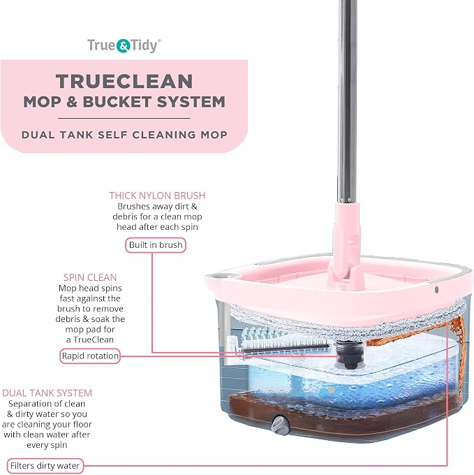 True & Tidy Square Spin Mop & Bucket System, 2 Machine Washable Pads, Rose