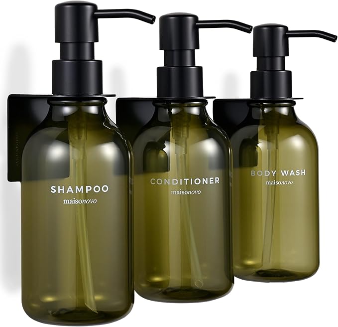 Shampoo and Conditioner Dispenser Wall Mounted Set of 3 Green - No Drill Shower Soap Dispenser for Bathroom Refillable - Spa Hotel Style Accessories by MaisoNovo