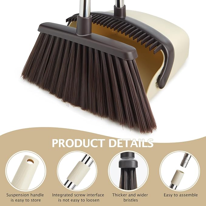 2-Pack Broom and Dustpan Set with Long Handle, Heavy Dust Broom and Dustpan Combo for Home，Kitchen, Office, Pet Hair(Beige)