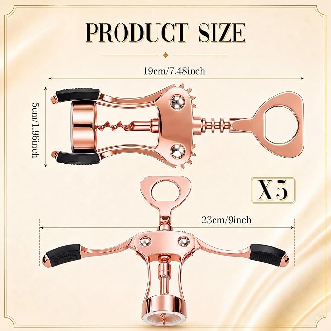 Hushee 5 Pcs Wing Corkscrew Opener, Zinc Alloy Heavy Duty Multifunctional Wine Bottle Opener for Restaurant, Bar, Waiters, Ideal for Wedding Shower Party Favors Gifts (Silicone,Rose Gold)