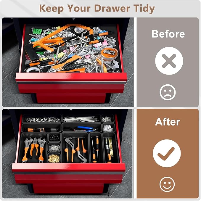 A-LuGei 【𝟲 𝗦𝗜𝗭𝗘 & 100PCS】 Tool Box Organizer Tray Set【Fits 100+ Tools】 Black Plastic Drawer Divider Desk Drawer Organizer Garage Organization for Rolling Tool Chest Cart Workbench Office Storage