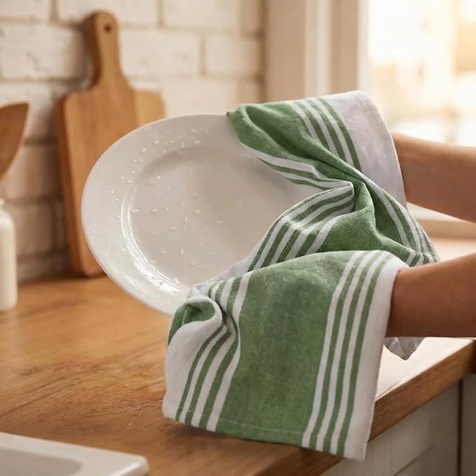 Urban Villa Kitchen Towels Cotton Dish Towels 20”x30” (Set of 6) Green Wht