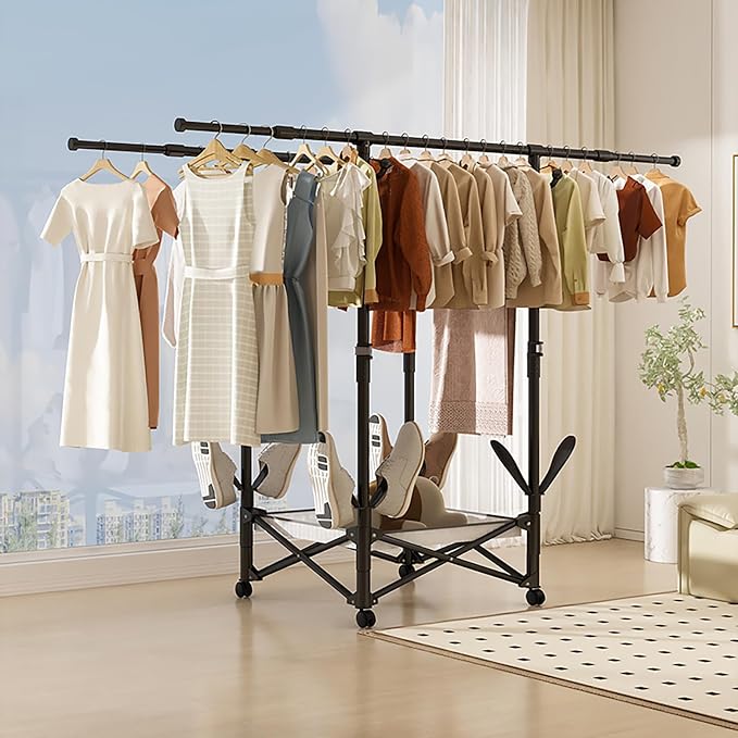 Foldable Collapsible Rolling Clothes Drying Rack,Adjustable Double Rods Laundry Airer(33.1–56.7"),Carbon Steel Pipe Standing Garment Rack for Indoor Outdoor Laundry Room (Black, B)