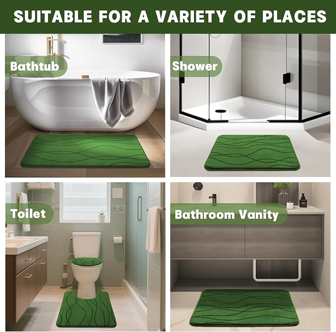 YIHOUSE Bathroom Rugs Set 2 Piece, Memory Foam Bath Mat Green | U Shaped+Small Mat, Ultra Soft, Absorbent, Non-Slip, Machine Washable, for Bathroom, Sink and Toilet