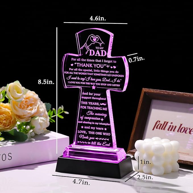 Movdyka Birthday Gifts for Dad from Daughter Son Glass Cross with Colorful Led Base, Best Dad Ever Gifts to My Dad who Have Everything, Dad Gifts Present Ideas for Fathers Day