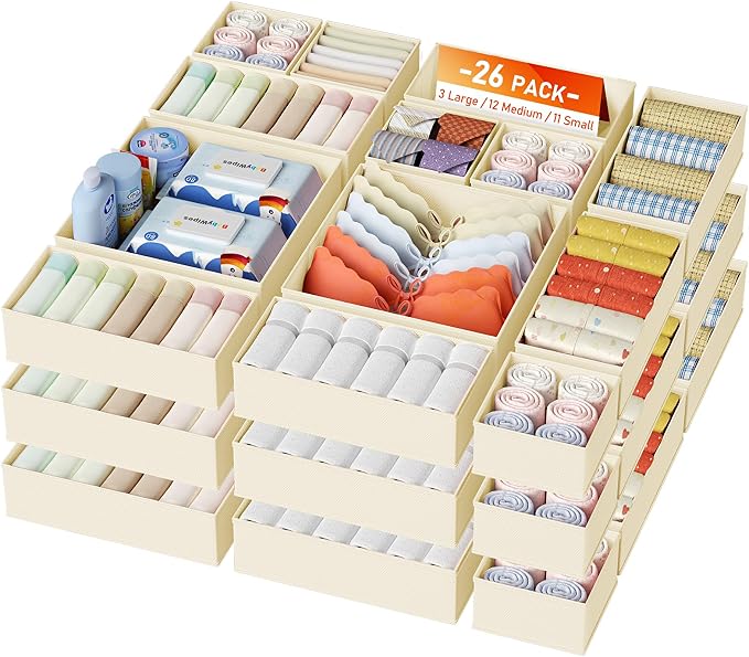 DIMJ Drawer Organizer Clothes 26 Pack - Foldable Baby Organizers and Storage & Closet Organizers for Bedroom, Closet - Nursery Organization Dresser Dividers for underwear, Sock,Bra, Belt, Tie, Beige