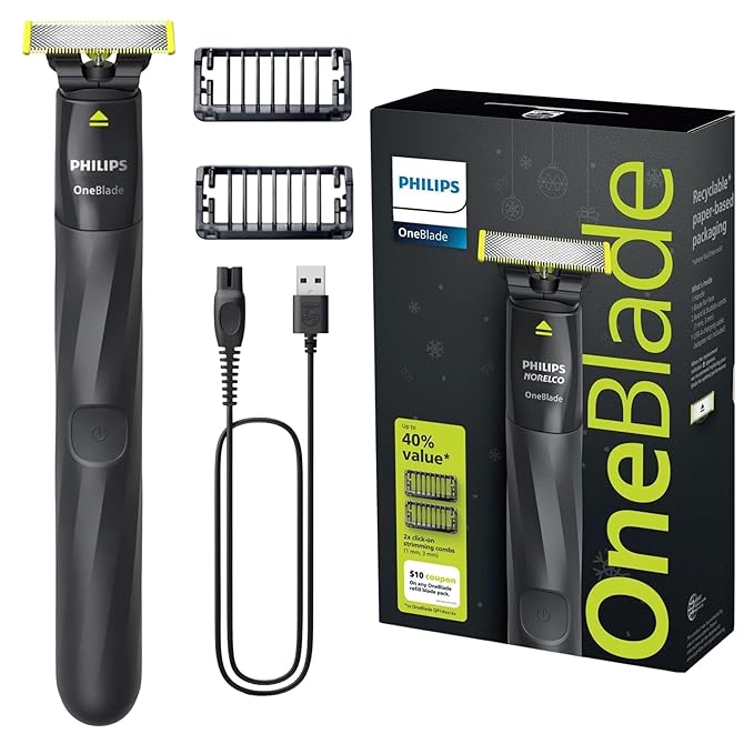 Philips OneBlade Trimmer & Shaver, Trim & Shave Any Length with Extra Skin Protection, Dual-Sided Blade, Waterproof Body Electric Razor, USB Charging, 2 Stubble Combs Included