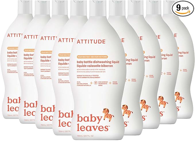 ATTITUDE Baby Bottle & Dish Soap, EWG Verified Bottle Cleaner, Dye Free, Removes Milk Residue & Grease, Vegan, Pear Nectar, 23.7 Fl Oz (Pack of 9)