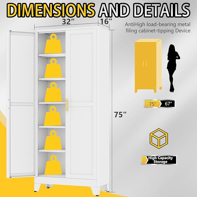 PAOFIN 75" Metal Storage Cabinet with 2 Doors and 5 Adjustable Shelves,White Metal Garage Storage Cabinets, File Cabinet,Steel Tool Cabinets for Home,Office,Garage,School,Warehouse