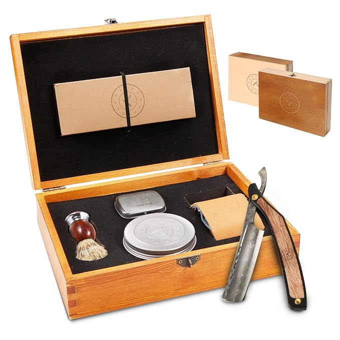 Naked Armor Drian Straight Razor Kit, Men’s Damascus Steel Shaving Set | 7-Pc Shave Ready Wet Shaving Kit, 7/8" Barber Straight Edge Razor Set, Strop, Paste, Brush, Soap, Sheath, Box, Gifts for Men