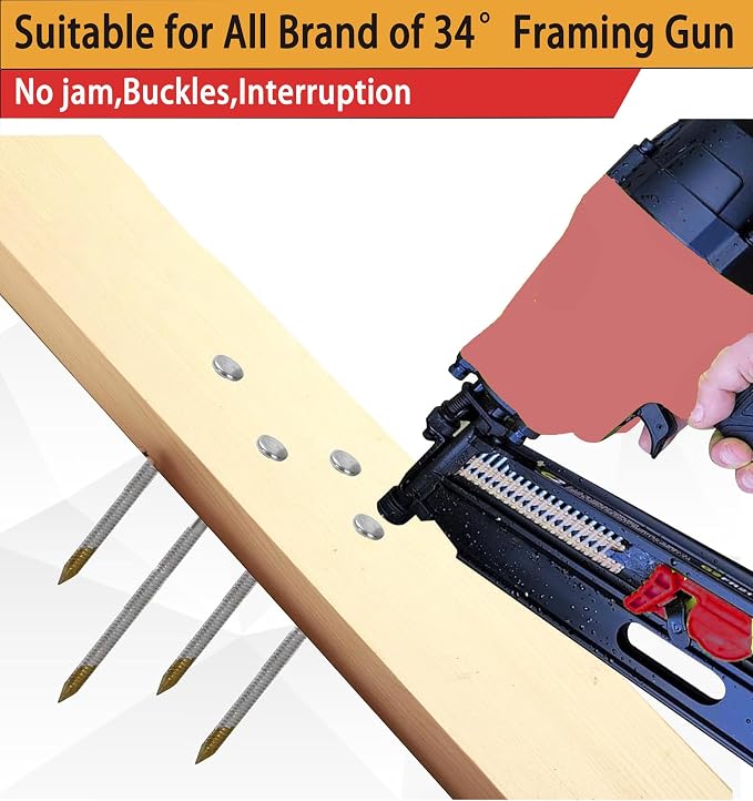 34°Framing Nails,Ring Shank,2-1/2":1000pcs | Hot Dipped Galvanized,Paper Tape Strip,D Head Nail,For 30 to 34 Degree Framing Nailer