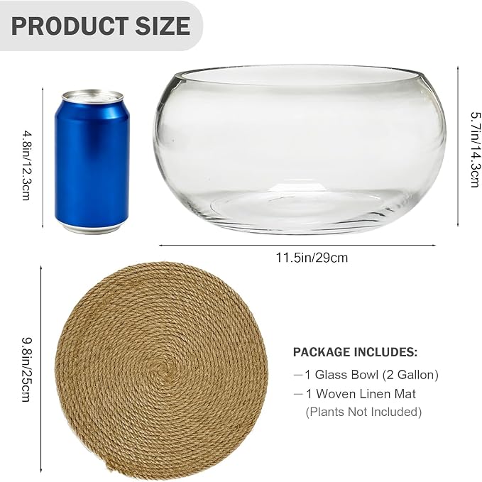 12" Large Round Glass Lotus Bowl Planter with Rattan Mat | Clear Indoor Hydroponic for Aquatic Plants, Bonsai & Lotus Flowers, Decorative Terrarium Bowl Vase, Fish Tank