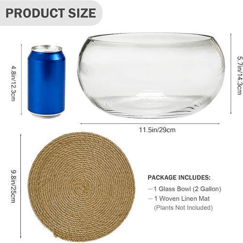 12" Large Round Glass Lotus Bowl Planter with Rattan Mat | Clear Indoor Hydroponic for Aquatic Plants, Bonsai & Lotus Flowers, Decorative Terrarium Bowl Vase, Fish Tank