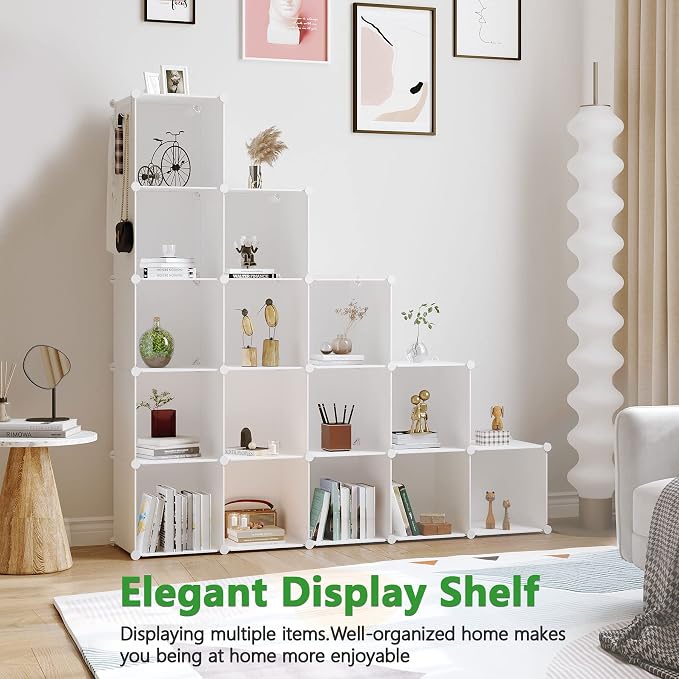 C&AHOME 16 Cube Storage Organizer Cube Shelves Units Storage Cubes, Milky | Plastic DIY Closet Organizer, Stackble Modular Closet Storage Shelves Ideal for Home, Bedroom, 48.4" L × 12.4" W × 48.4" H