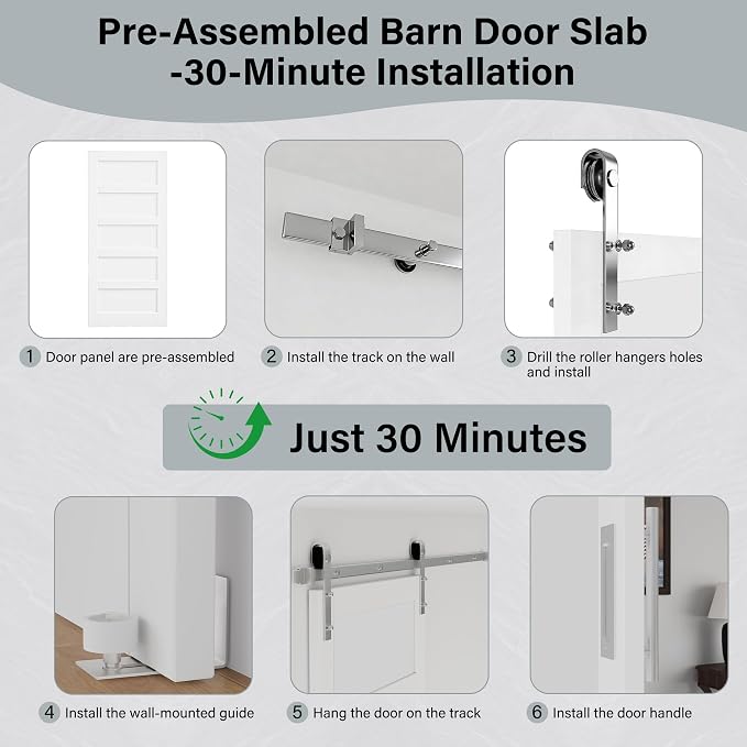 32" x 80" Pre-Assembled Barn Door and 6FT Sliding Door Hardware Kit Included & Handle, 5-Lite Frosted Glass White Sliding Barn Door for Closet Bathroom Bedroom, Solid & Water-Resistant MDF, Paintable