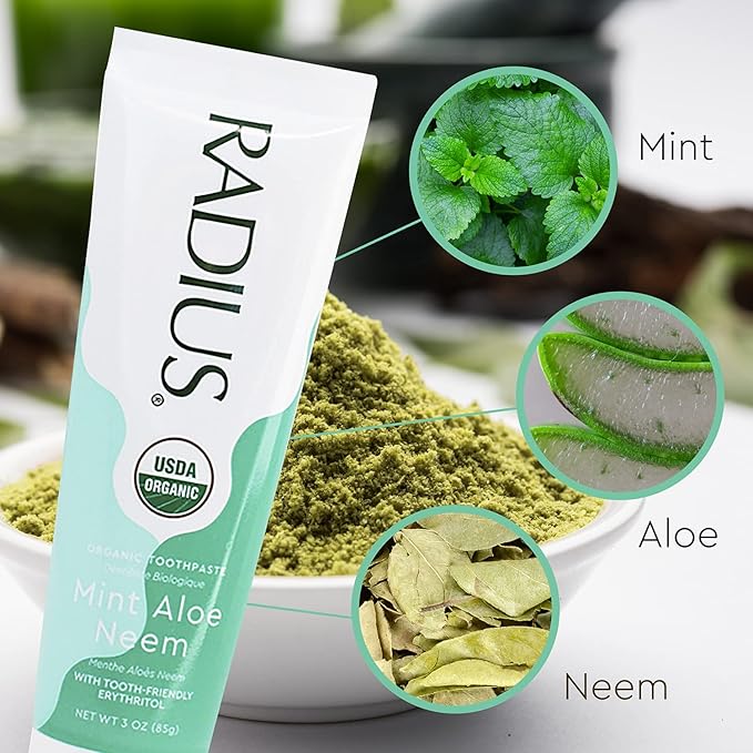 Radius USDA Organic Toothpaste, Non Toxic Chemical-Free Gluten-Free Designed to Improve Gum Health & Prevent Cavity - Mint Aloe Neem - 3 Ounce (Pack of 1)