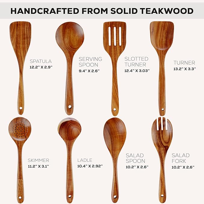 Zulay Kitchen Premium 8-Piece Wooden Spoons - Smooth Finish, Natural Teak Wood, Non-Stick, Handmade