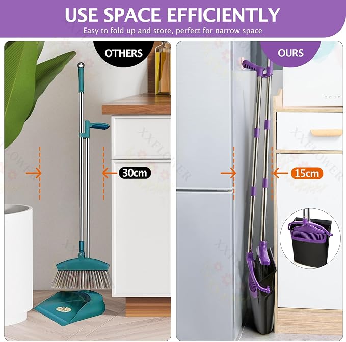 Broom and Dustpan Set with Long Handle, Light Weight Stainless Steel Poles Stand Upright Dustpans with Broom Combo for Home Kitchen Office Pet Dog Hair, 1-Pack (Purple)