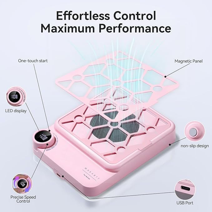 Makartt Compact Rechargeable Nail Dust Collector - 5500RPM Dust Collector Nail Tech ERYNOS Adjustable Speed,Quiet for Polishing Cuticle Manicure Salon&Home Use With 10pcs Filters&Dust Brush White
