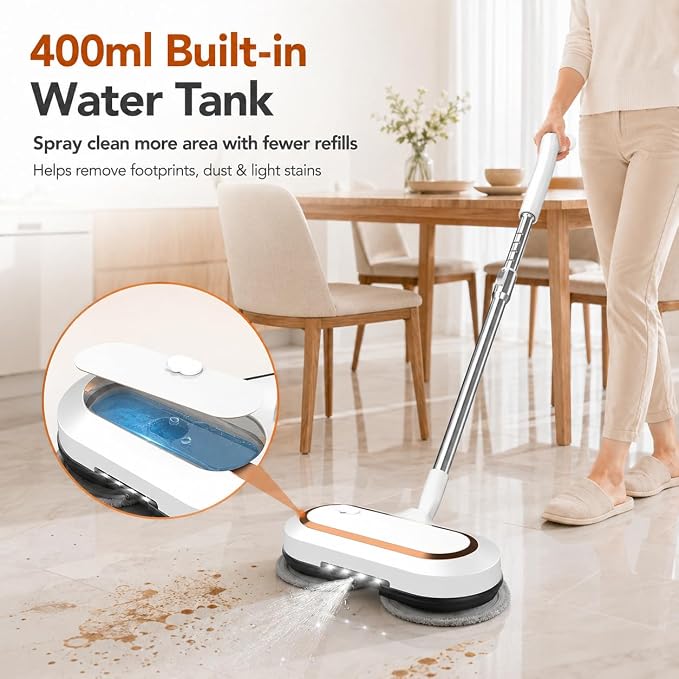 AlfaBot Cordless Electric Mop, Dual Spin Power Floor Cleaner with LED Headlight and Water Spray, 60-Min Runtime Self-Propelled Mop with Adjustable Tube for Hardwood, Tile, Marble and Vinyl Floors