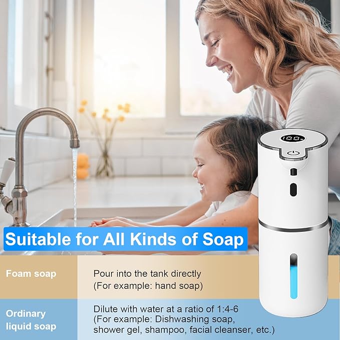 OHIFAST Automatic Foaming Soap Dispenser Touchless, USB Rechargeable Smart Hand Soap Dispenser, 6-Level Adjustable, 12.8oz/380mL Wall Mounted for Bathroom Kitchen Dish Soap-White