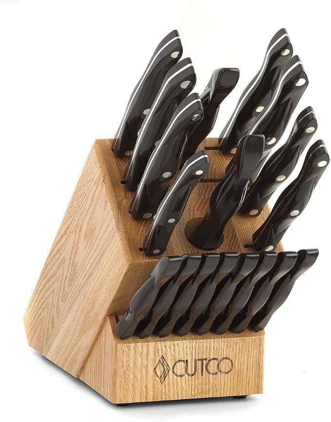 CUTCO Model 2018 Homemaker+8 Set Includes (8) #1759 Table Knives, (10) Kitchen Knives & Forks, #1748 Honey Oak knife block, #82 Sharpener, and #125 Medium Poly Prep cutting board