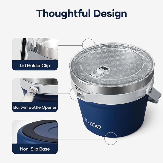 BUZIO 7 L Double Wall Ice Bucket for Parties with Lid and Scoop & Tongs | Insulated Vacuum Stainless Steel Ice Buckets with Handle and Adjustable Shoulder Strap, Fits 6 Longnecks or 3 Wine Bottles