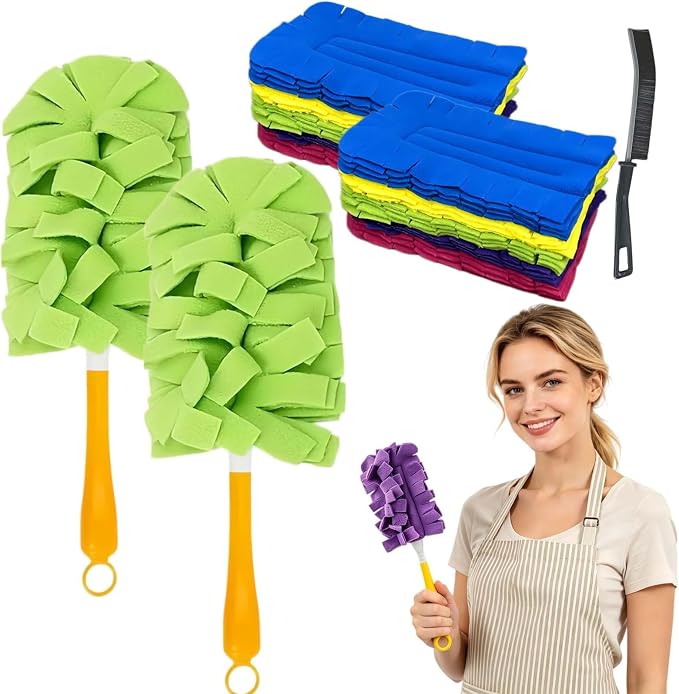 Reusable Chenille Microfiber Dust Duster Set, Duster with 5 Pcs Washable Cloth Covers, 360° Electrostatic Duster Refills, Chenille Dusters for Multi-Surface Home Cleaning Free Bathroom Brush (2set)
