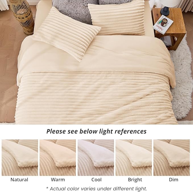 Sasttie California King Comforter Set 3 Pieces - Super Soft Fleece Comforters Cal King Size, 1 Luxury Warm Fuzzy Marshmallow Cali King Comforter with 2 Pillow Cases, Faux Fur Bedding Set, Beige