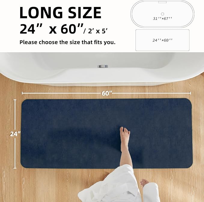 TYUU Bathroom Mat Quick Dry, Bathroom Rugs Non Slip Washable Thin Absorbent Bath Mat Fits Under Door Bathroom Floor Mat Perfect for Bath, Shower, or Sink 24"x60" Navy Blue