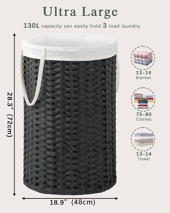 SETVSON 34.3 Gal (130 L) Large Laundry Hamper Laundry Basket Round Handwoven Wicker Laundry Baskets Rattan Laundry Basket with Removable Bag Handles 2 Mesh Bags for Living Room Bedroom Black (No Lid)