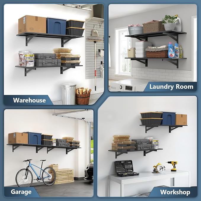 Jusgym 2 Pack Heavy Duty Garage Wall Shelving (1.5x4ft), 700lbs Capacity Garage Shelving Wall Mounted, 18"x96"Garage Storage Rack Floating Shelves, Black