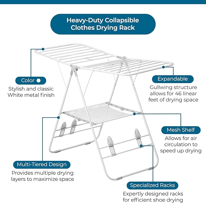 Honey-Can-Do Heavy-Duty Gullwing Clothes Drying Rack, 50 lb, White | Gullwing rack adds 46 ft of drying space with dedicated shoe bars. Sturdy metal, 50 lb capacity, folds flat.