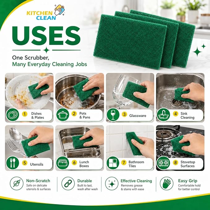 ™ 10 Pcs Large Kitchen Scrub Pads | Dish wash Scrubber | Non Scratch - Durable - Long skrab Lasting | Clean Shine Brite Utensils (Green, Large 4x6 inch, Pack of 10 Pcs)