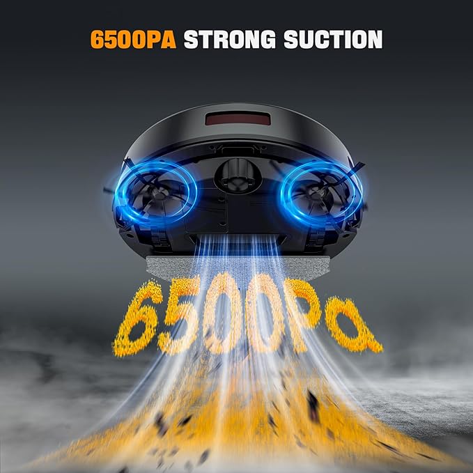 Robot Vacuum and Mop, 6500Pa Suction, 2 in 1 Robotic Vacuum with Gyro Inertial Navigation, 200 Min Runtime, App/Remote/Voice Control, Ideal for Pet Hair, Hard Floor, Carpet