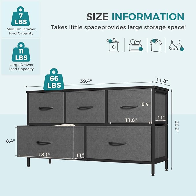 OLIXIS Dresser for Bedroom with 5 Drawers, Wide Chest of Drawers, Grey | Chest of Drawers for Clothes Storage with Bins, Wide Fabric Bedroom Dresser, Wooden Top, Living Room