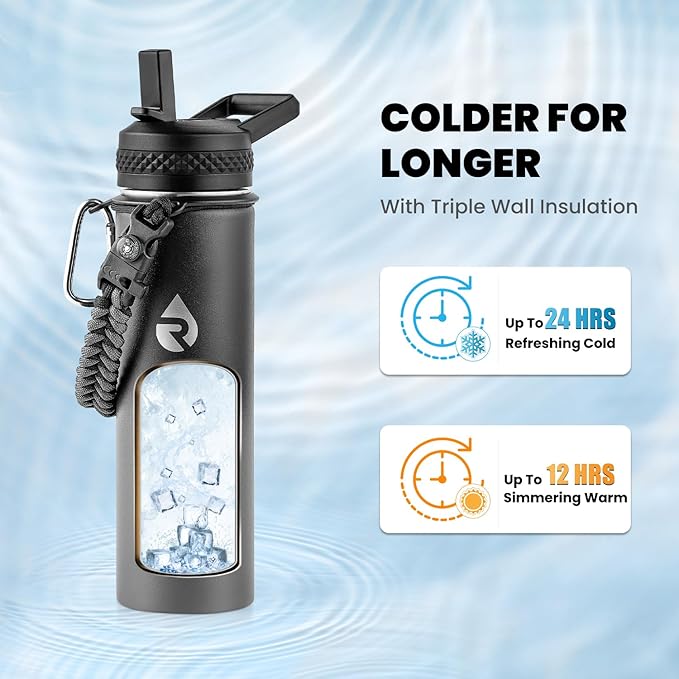 RAYMYLO Insulated Water Bottle 20 oz, Triple Wall Vacuum Stainless Steel (Cold for 24Hrs, Hot for 12Hrs), Leak Proof & Non-BPA, Modern Water Bottle Jug for School with Straw Spout Lids